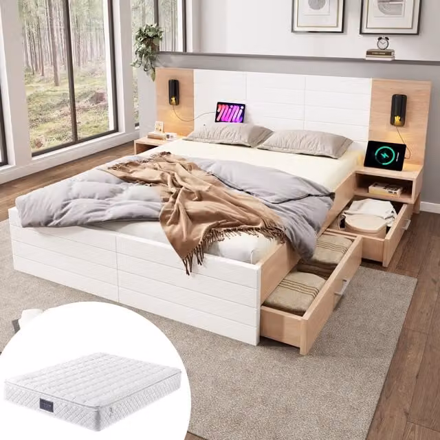 Set de cama doble moderna KELLANY en roble y blanco con 2 mesitas de noche, estructura de cama, somier de láminas y colchón, incluye 2 cajones, luz de lectura integrada y puerto de carga USB, An/P/Al: 235 x 80 x 207 cm