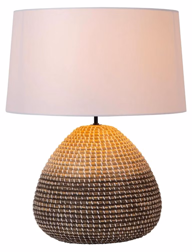 Lámpara de mesa Lucide estilo boho en ratán y metal con casquillo E27, disponible en colores marrón, beige o blanco