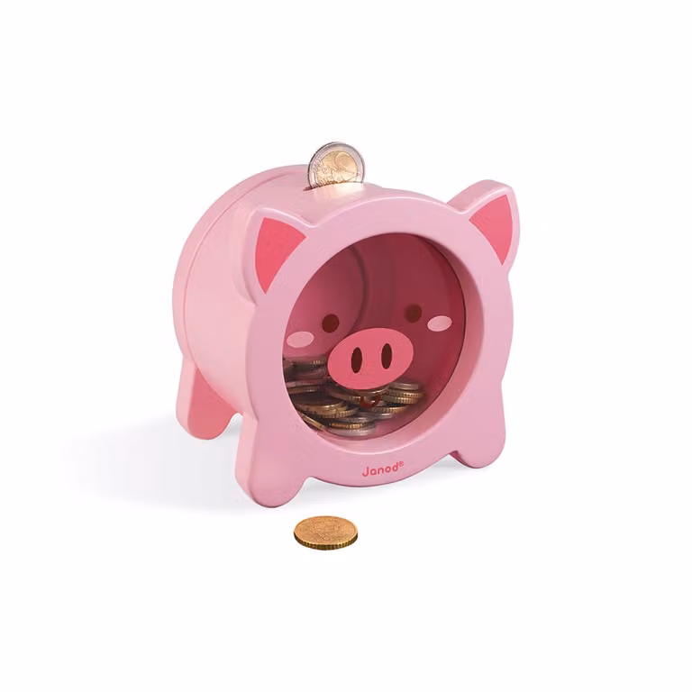 Hucha de cerdito de madera Janod color rosa para niños