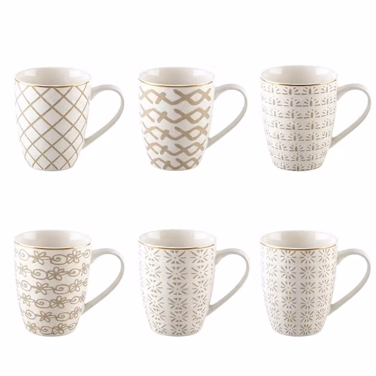 Set de 6 mugs geométricos de cerámica Aulica en colores beige y blanco, capacidad 350 ml