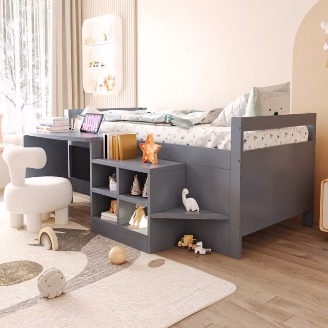 Cama infantil con cabina, escritorio, almacenaje y puertos USB WISHDOR en madera y MDF color gris, An/P/Al: 204 x 90 x 132,5 cm