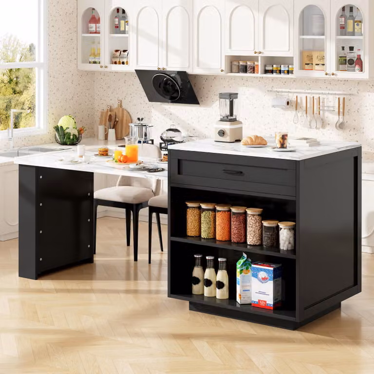 Isla de cocina y mesa de bar extensible MODFU con 2 cajones y estanterías, color negro, An/P/Al: 133 x 70 x 93,5 cm