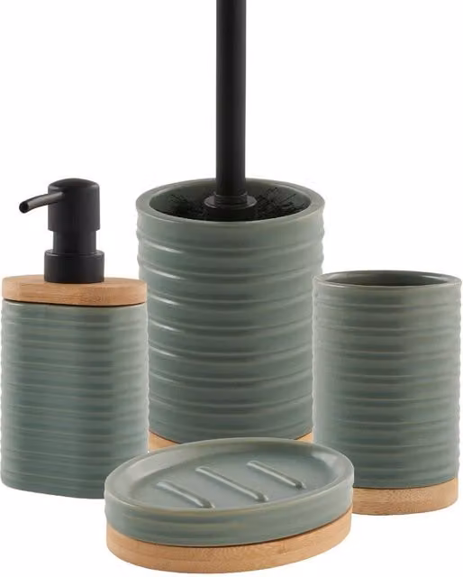 Juego de baño de 4 piezas de cerámica acanalada Levasseur en color verde que incluye dispensador de jabón, jabonera, portacepillos y escobilla de baño