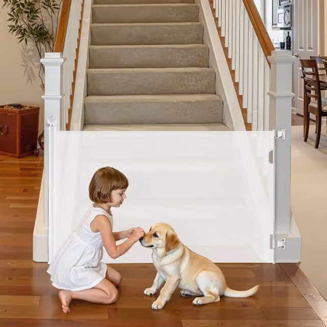 Barrera de seguridad retráctil Vevor para puertas y escaleras, malla blanca de PVC y textil, An/P/Al: 158 x 79 x 87 cm