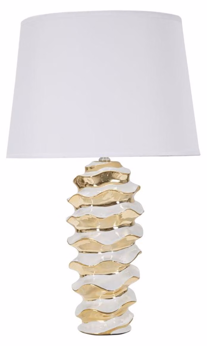 Lámpara de mesa Kendra Home en cerámica blanca y oro con pantalla de tejido