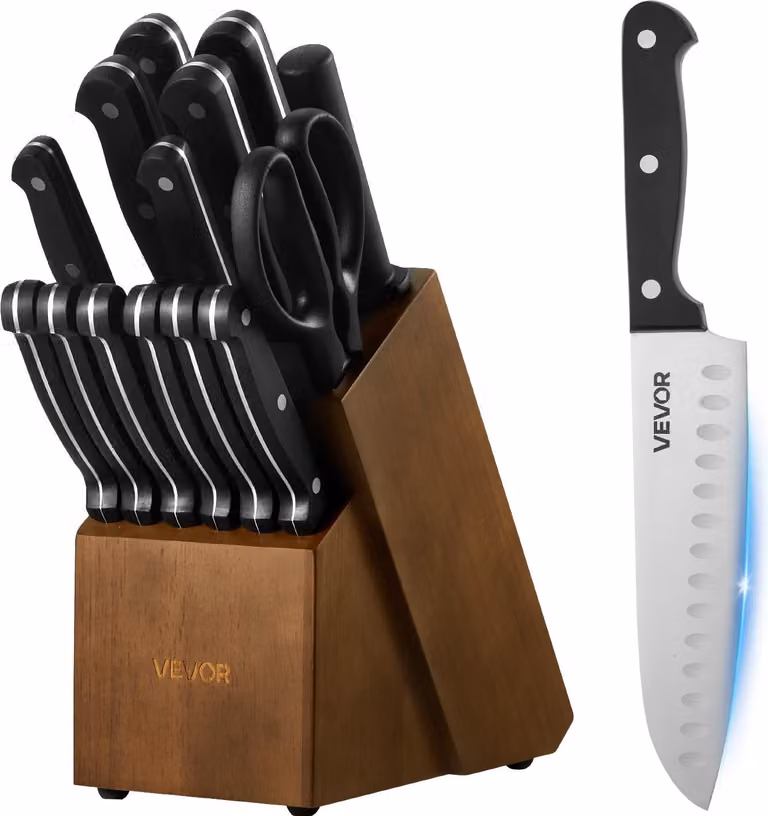 Juego de cuchillos de cocina VEVOR de 15 piezas con bloque de madera y afilador, fabricados en acero al carbono con mangos ergonómicos de ABS