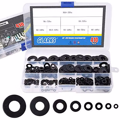 Juego de 410 arandelas planas Glarks de aleación chapada en zinc negro para medidas M2, M2,5, M3, M4, M5, M6, M8 y M10
