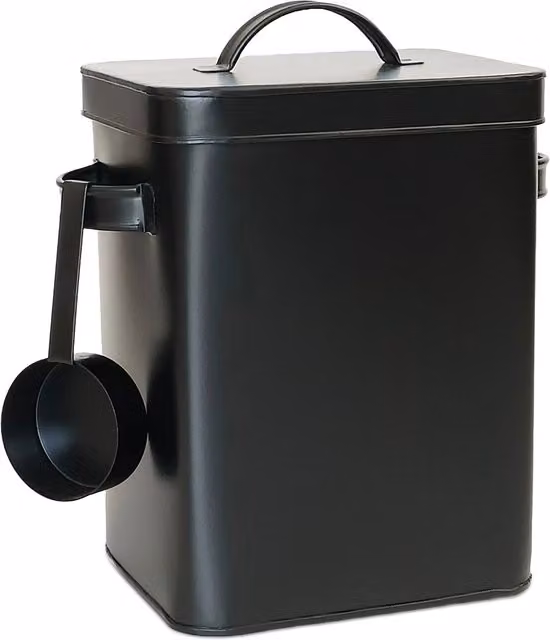 Caja metálica hermética con dosificador Relaxdays, negra, 6,5 l, An/P/Al: 27,5 x 24,5 x 16 cm
