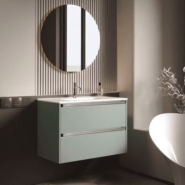 Mueble de baño suspendido BAÑO TOTAL con lavabo cerámico y 2 cajones con tirador de cromo, acabado mate en roble, Ancho: 60 cm