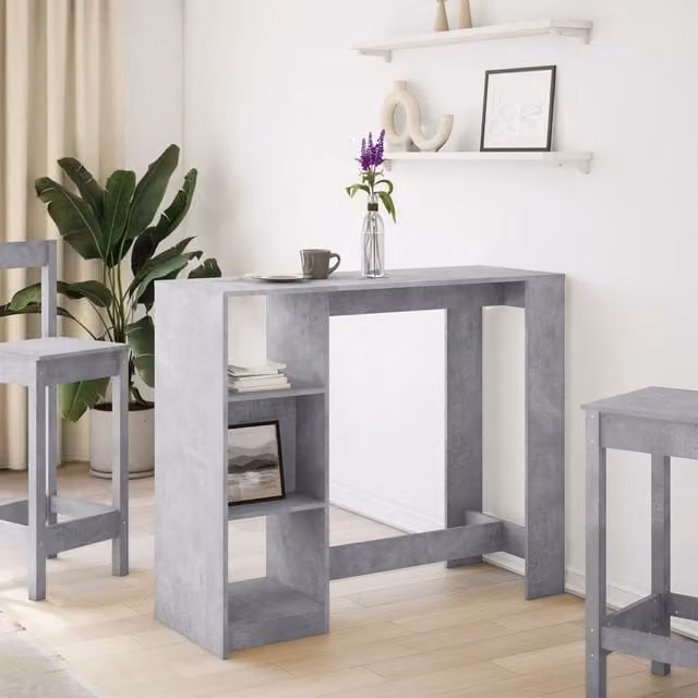 Mesa bar SYFAX de madera y compuesto con estante, estilo industrial, color gris, An/P/Al: 124 x 46 x 103,5 cm