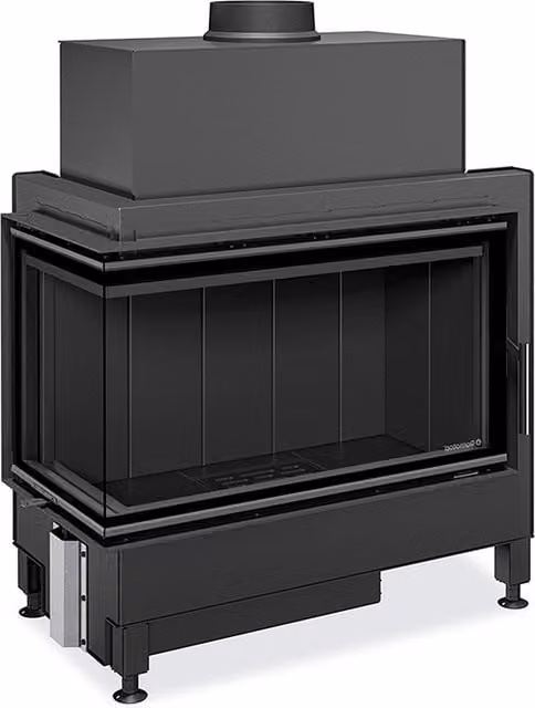 Chimenea de leña ROMOTOP Heat 81-40 esquinera izquierda con puerta lateral en color negro y detalles en piedra y cerámica