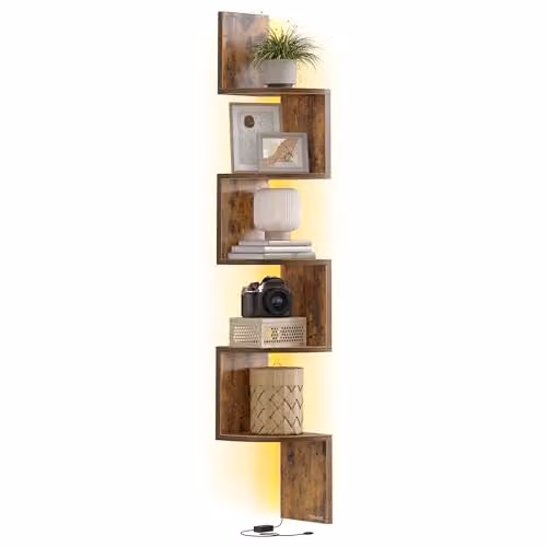 Estantería esquinera de pared VASAGLE con iluminación LED integrada, 5 niveles, diseño moderno en color marrón