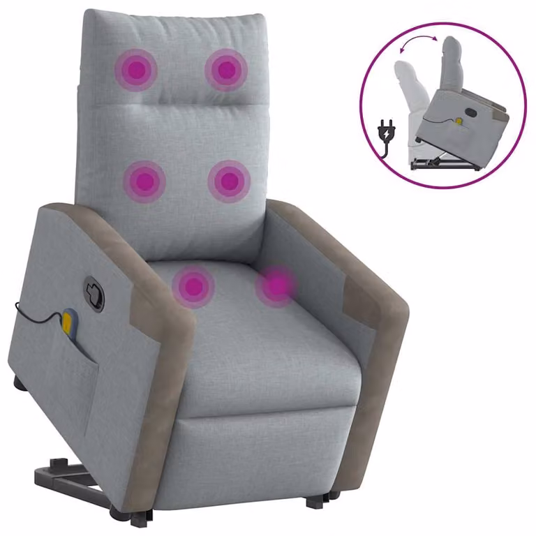 Sillón de masaje reclinable vidaXL en tela gris claro con reposabrazos y diseño moderno para salón