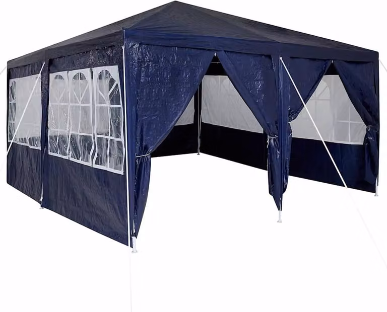 Carpa de fiesta Syfax azul con ventanas, fabricada en polietileno y acero galvanizado, An/P/Al: 400 x 400 x 266 cm