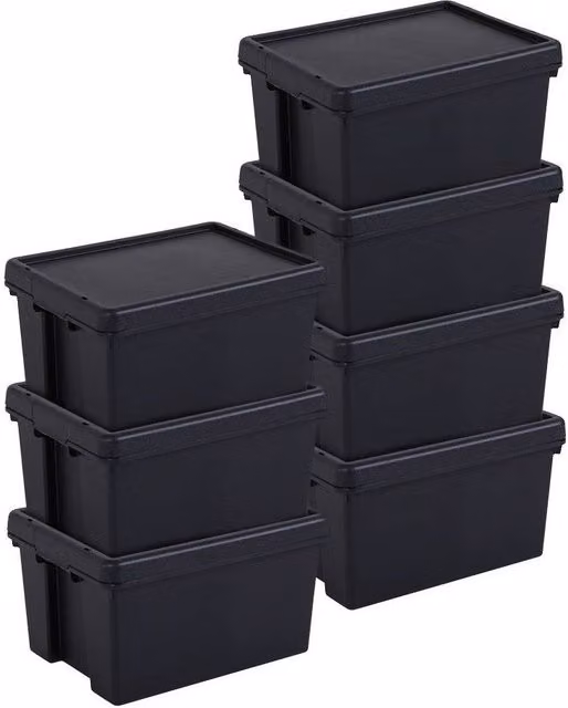 Lote de 7 cajas de almacenamiento con tapa Box and Beyond en plástico negro de 16 l, An/P/Al: 38,5 x 29 x 21,5 cm
