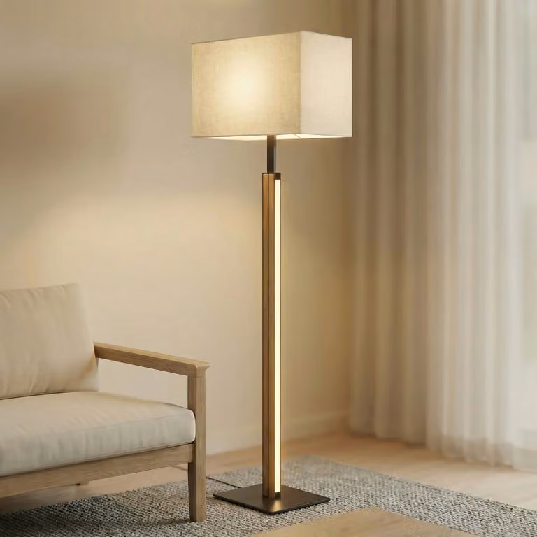 Lámpara de pie LED Lisene de Quitani en madera y metal con pantalla de tela, color marrón, negro y beige, Altura: 162 cm