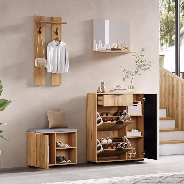 Mueble de entrada MODENVIE con banco zapatero, espejo, 4 puertas, 1 cajón y 2 ganchos, color marrón, An/P/Al: 140 x 35 x 139 cm