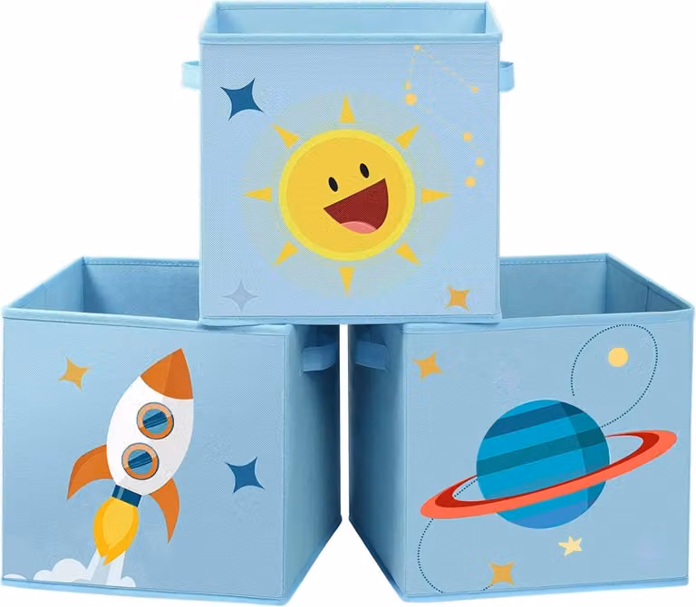 Set de 3 cajas de almacenaje infantiles Songmics con diseño espacial, color azul, plegables y con asas, An/P/Al: 30 x 30 x 30 cm