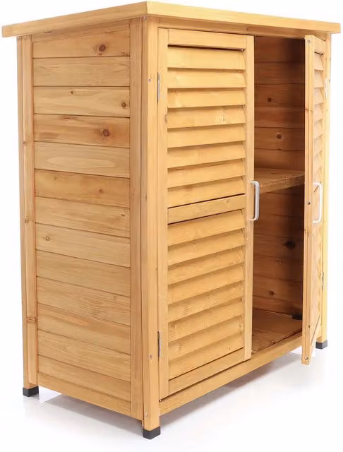 Armario de jardín Wiltec de madera de pícea color marrón con doble puerta y ventilación lateral, An/P/Al: 87 x 46,5 x 91,6 cm