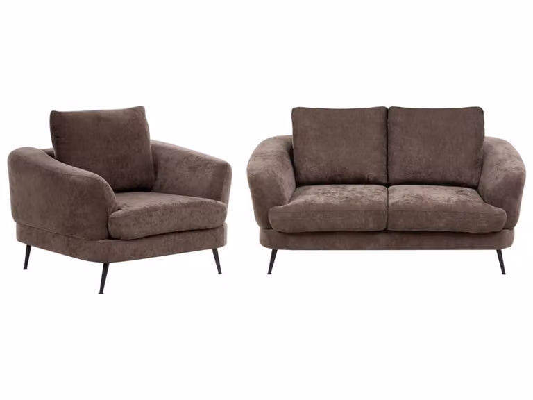Conjunto de sofás Beliani de diseño moderno con tapicería de tejido marrón, incluye sofá de 2 plazas y sillón con estructura de hierro para salón