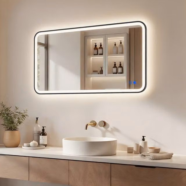 Espejo LED de baño Artforma rectangular con bordes redondeados en negro mate, con luz dual color, control táctil y función antivaho, An/P/Al: 120 x 70 cm