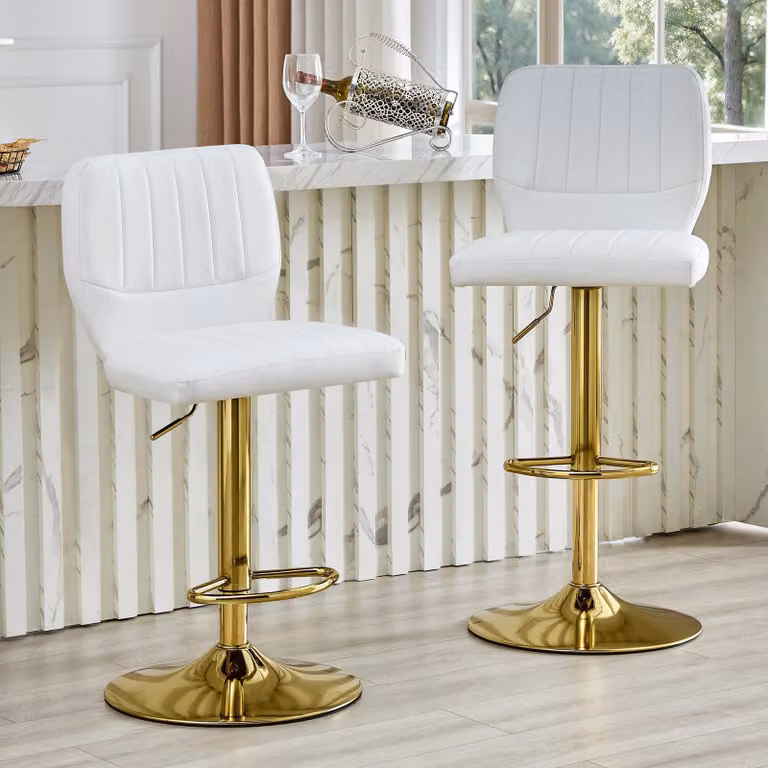 Taburete ergonómico OKWISH con respaldo y reposapiés, diseño moderno giratorio 360 grados y altura ajustable, color blanco y dorado