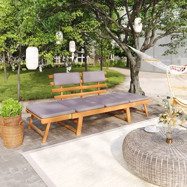 Sofá cama de jardín 2 en 1 Vidaxl de madera maciza de acacia con cojines en marrón y gris, Ancho: 190 cm