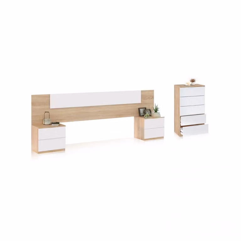 Set de dormitorio Akari 5C de Duehome con diseño escandinavo en madera de roble, blanco y marrón