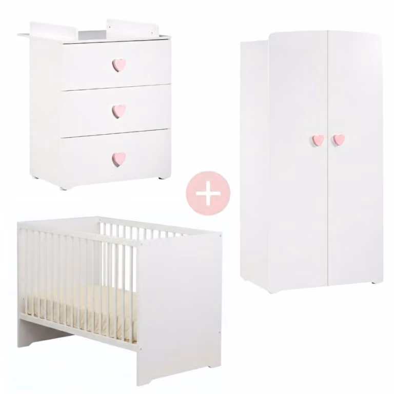 Conjunto de muebles para bebé Baby Price con cuna, cómoda y armario en madera lacada, disponible en blanco o rosa, An/P/Al de la cuna: 120 x 60 cm