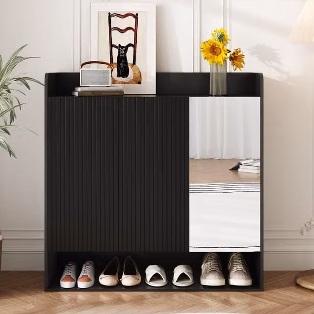 Zapatero HAUSS SPOLE con espejo para recibidor en negro mate, An/P/Al: 110 x 35,5 x 110 cm