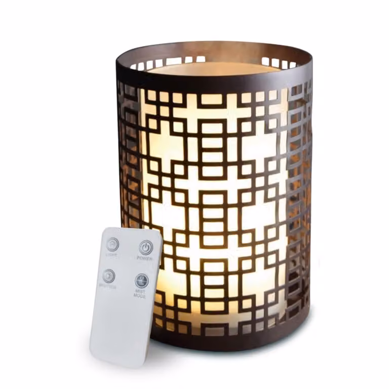 Difusor de aceites esenciales eléctrico Zen'Arôme con control remoto, diseño geométrico moderno en color marrón y acabado de metal y cristal para mesa