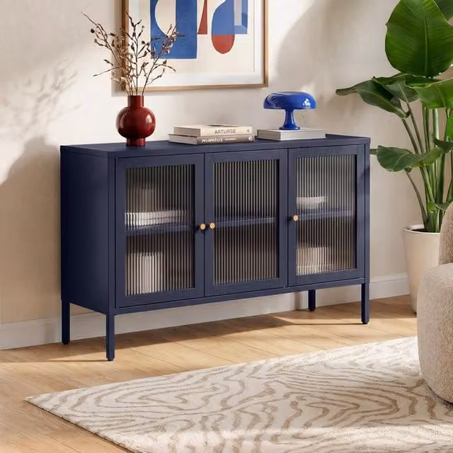 Mueble de TV industrial Caleb de Sicaan en metal azul con 3 puertas de cristal templado, An/P/Al: 105 x 35 x 70 cm