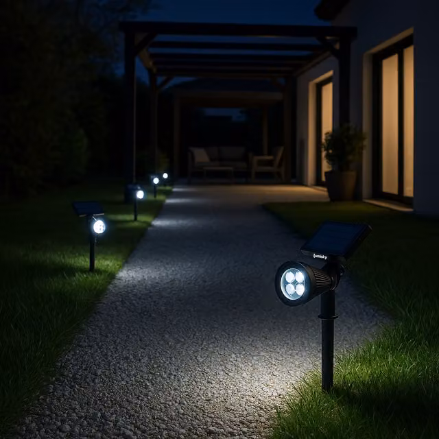 Pack de 2 proyectores solares LED Lumisky Spiky W34 de 200 lm con panel separado, luz blanco frío y sensor crepuscular, color blanco, protección IP44 para jardín y terraza