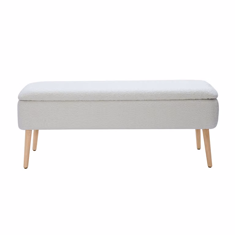 Banco para maletero Miliboo de estilo escandinavo con efecto lana rizada en color blanco y madera maciza