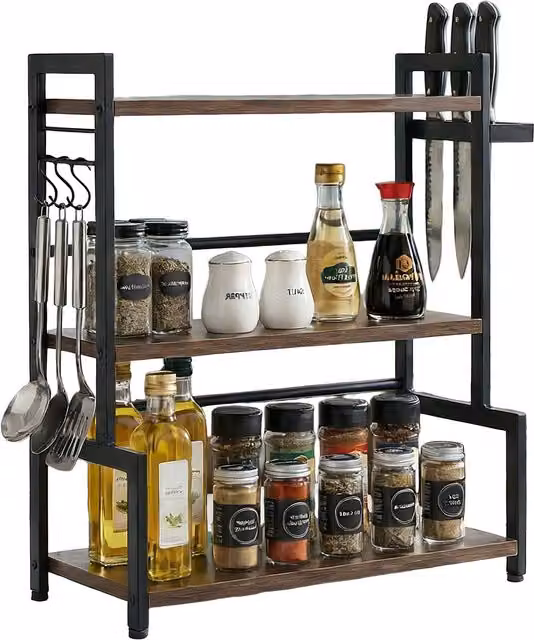 Estantería para encimera Relaxdays de estilo industrial con ganchos y soporte para cuchillos, marrón y negro, An/P/Al: 51 x 43 x 20 cm