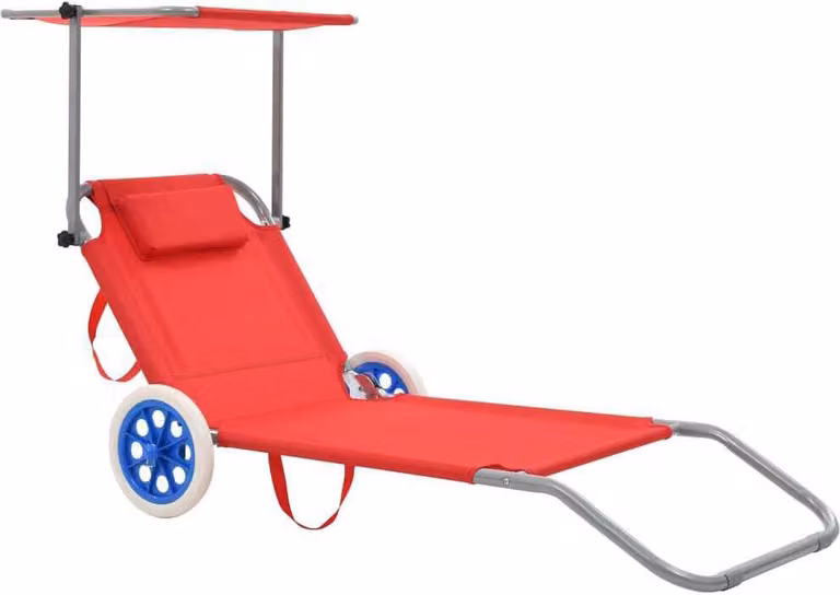 Tumbona plegable Syfax con toldo, reposacabezas ajustable y ruedas en acero rojo