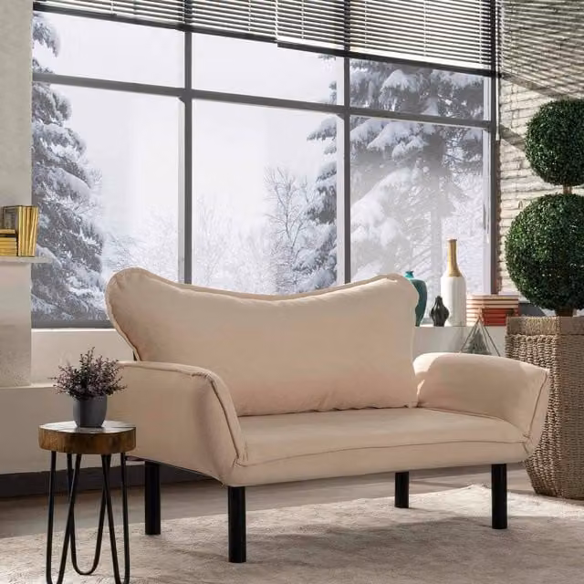 Sofá cama de 2 plazas DMORA con almacenaje, reclinable y reposacabezas ajustable, tapizado en tela color blanco beige, An/P/Al: 140 x 200 x 65 cm