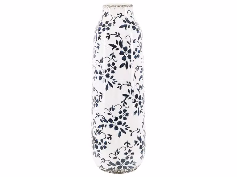 Jarrón de cerámica Beliani para flores con diseño floral y estilo retro, color blanco, Altura: 35 cm
