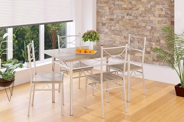 Conjunto de mesa de comedor rectangular y 4 sillas B2X en acabado roble y color marrón con diseño moderno