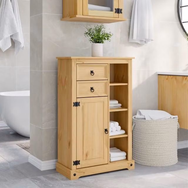 Armario de baño corona Maison Exclusive de madera maciza de pino color marrón, estilo rústico, con puertas y estante abierto, An/P/Al: 70 x 33 x 110 cm