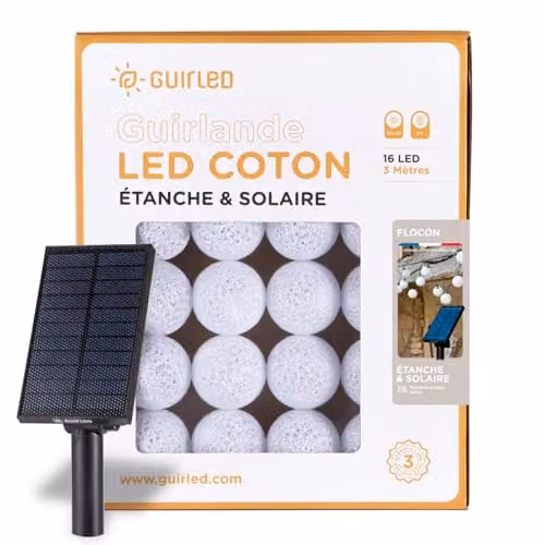 GuirLED Guirnalda de bolas LED solar para exteriores con 16 bolas blancas y transparentes, impermeable IP65 y sensor crepuscular