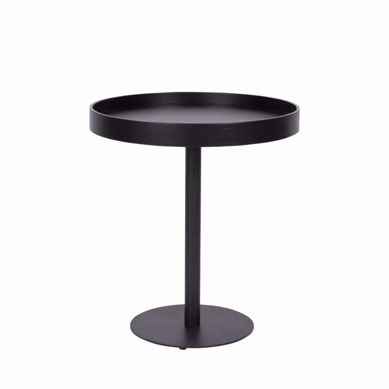 Mesa auxiliar redonda moderna de madera y metal en color negro con acabado mate, Diámetro: 45 cm
