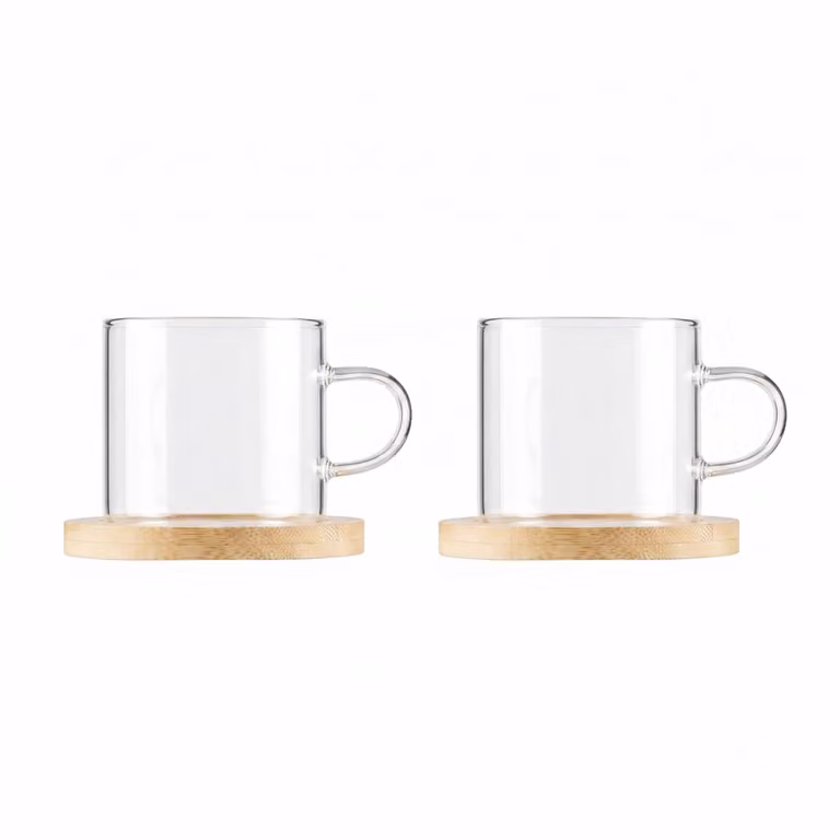Juego de 2 tazas de té de cristal transparente con platos de bambú de AULICA