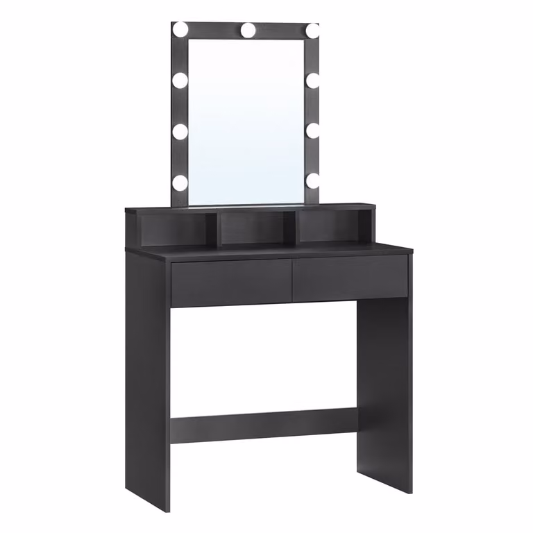 VASAGLE Tocador Moderno con Espejo de Luces LED Hollywood y 2 Cajones, Negro