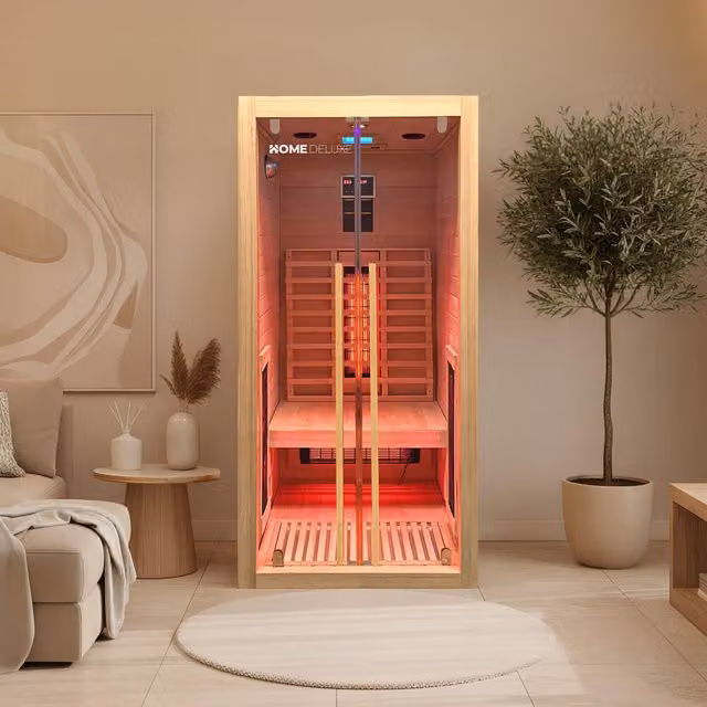 Cabina de infrarrojos Home Deluxe SONORA S de madera color marrón para 1 persona, An/P/Al: 90 x 90 x 190 cm