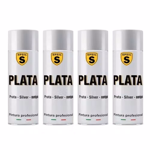 Pack de 4 Pintura Spray SPSIL Plata Brillo para Metal, Madera y Plástico, Secado Rápido, 200 ml cada uno