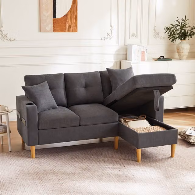 Sofá Moderno de 3 Plazas en Forma de L con Chaise Longue KELLANY en Gris con Espacio de Almacenamiento, Portavasos y 2 Cojines Incluidos