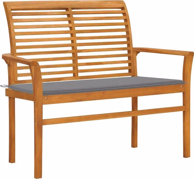 Banco de jardín SYFAX de madera de teca maciza con cojines grises de 112 cm