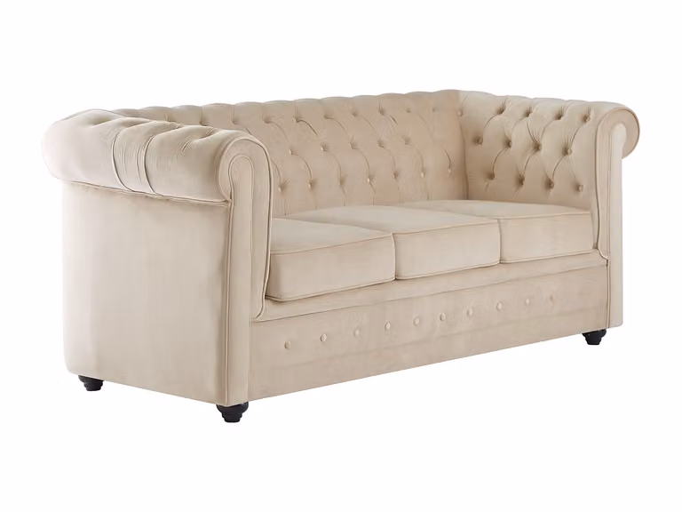 Sofá cama Chesterfield de 3 plazas Vente-Unique en terciopelo beige con sistema click-clack y medidas de 140 x 190 cm