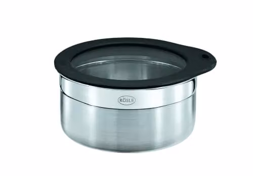 Recipiente de almacenamiento de alimentos hermético Rösle de acero inoxidable, cristal y silicona, color plata, transparente y negro, Diámetro: 6,3 cm, Altura: 12 cm